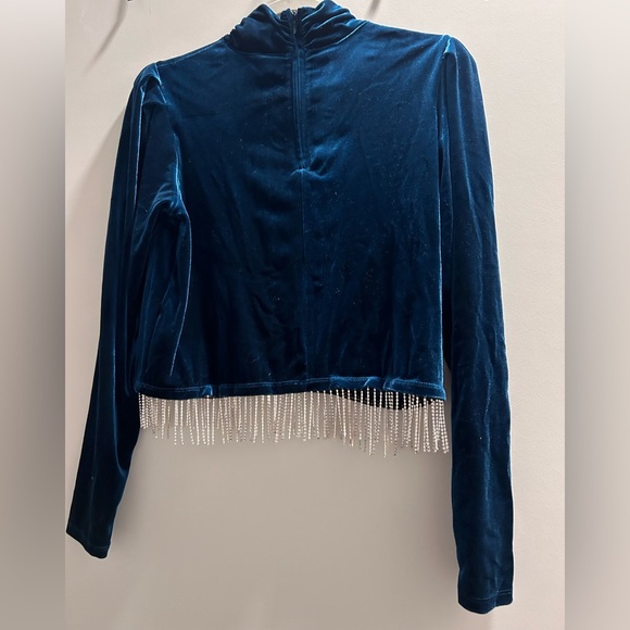 Designer JOIE Teal Velvet Long-sleeve Top w/ Hanging Crystals | Size M | Holiday - Picture 3 of 5